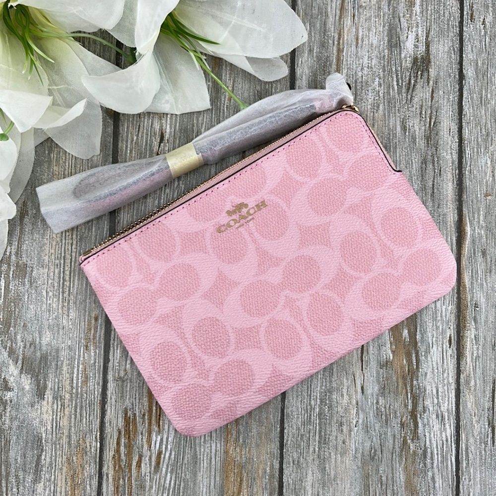 Coach Corner Zip Wristlet In Signature Canvas Powder Pink Wallet Bag Purse